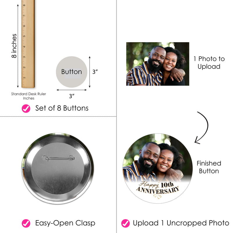 Custom Photo Wedding Anniversary Pinback Buttons - 8 Ct