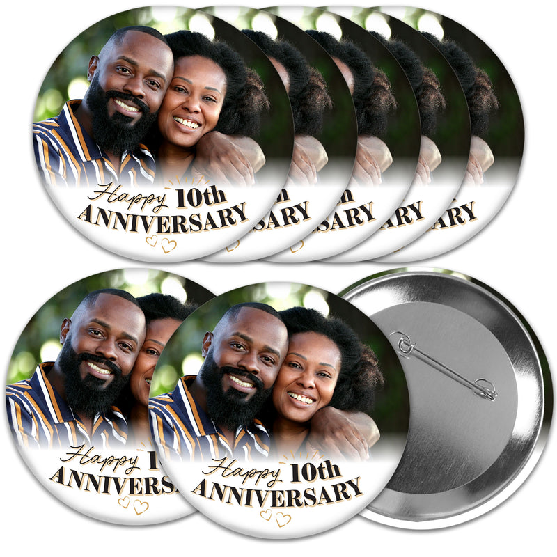 Custom Photo Wedding Anniversary Pinback Buttons - 8 Ct