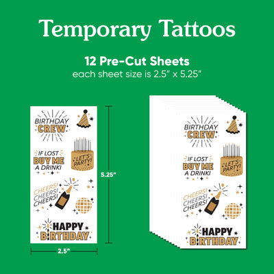 Happy Birthday Gold Temporary Tattoos for Adults, Birthday Party Favors, Night Out Accessory, Black and Gold Party Supplies, 12 Sheets