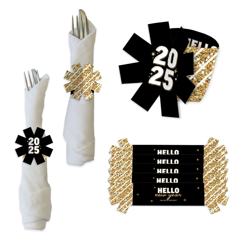 Hello New Year - 2025 NYE Party Paper Napkin Holder - Napkin Rings - Set of 24