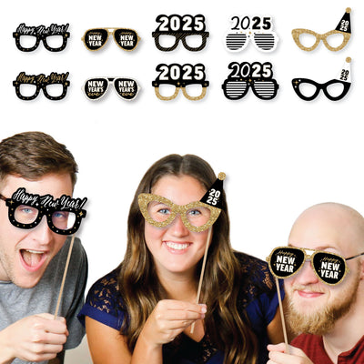 Hello New Year Glasses - Paper Card Stock 2025 NYE Party Photo Booth Props Kit - 10 Count