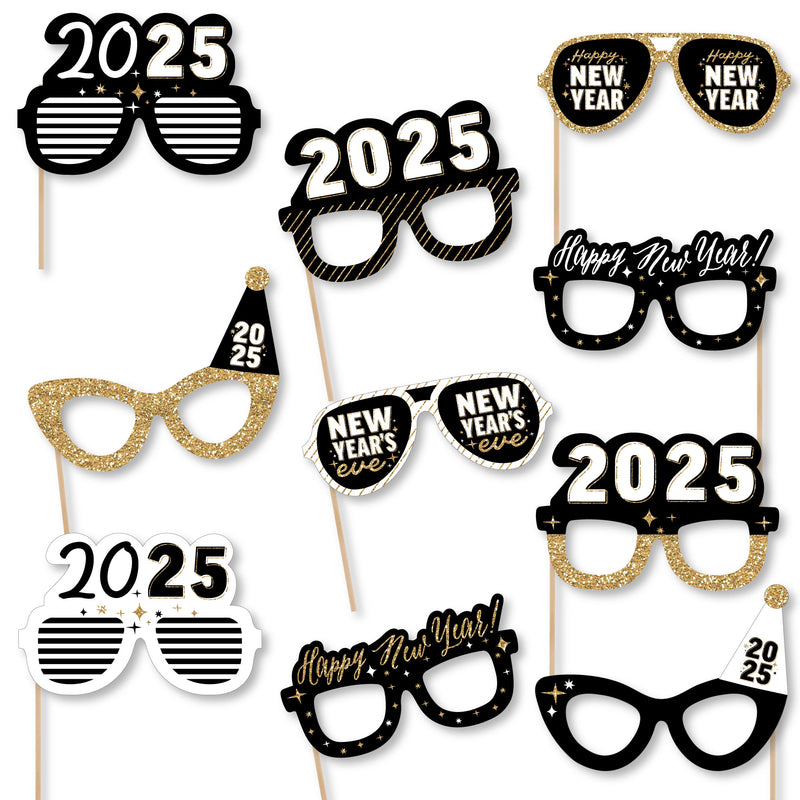 Hello New Year Glasses - Paper Card Stock 2025 NYE Party Photo Booth Props Kit - 10 Count