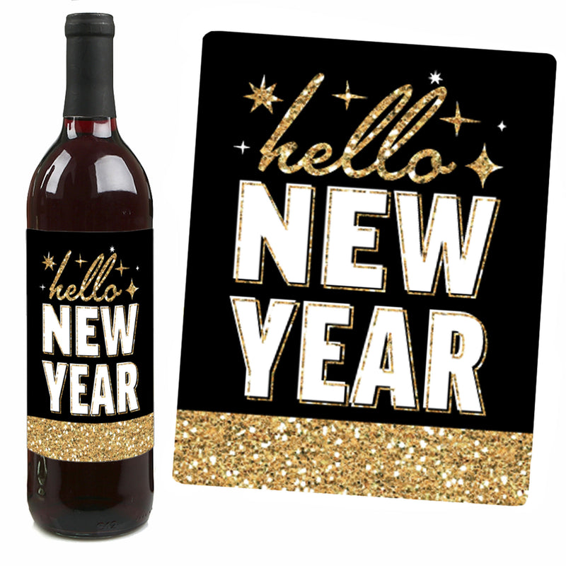 Hello New Year - 2025 NYE Party Decorations For Women And Men - Wine Bottle Label Stickers - Set of 4