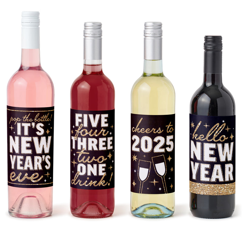 Hello New Year - 2025 NYE Party Decorations For Women And Men - Wine Bottle Label Stickers - Set of 4