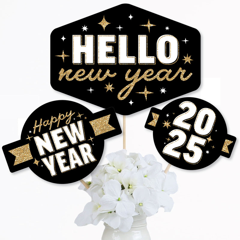 Hello New Year - 2025 NYE Party Centerpiece Sticks - Table Toppers - Set of 15