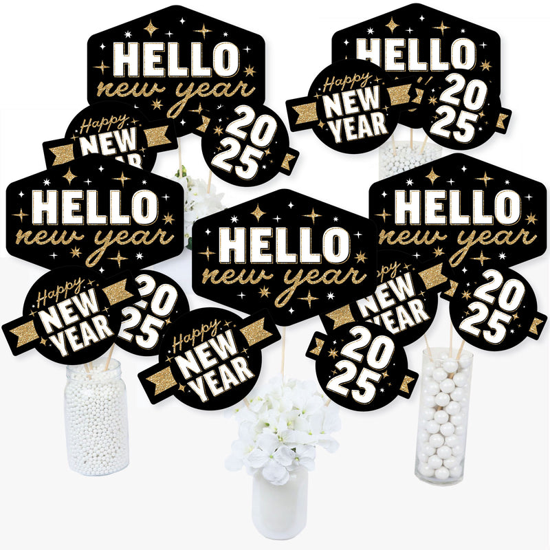 Hello New Year - 2025 NYE Party Centerpiece Sticks - Table Toppers - Set of 15