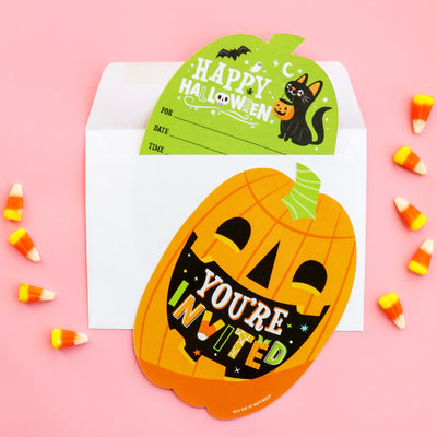 Jack-O'-Lantern Halloween - Shaped Fill-In Invitations - Halloween Party Invitation Cards with Envelopes - Set of 12