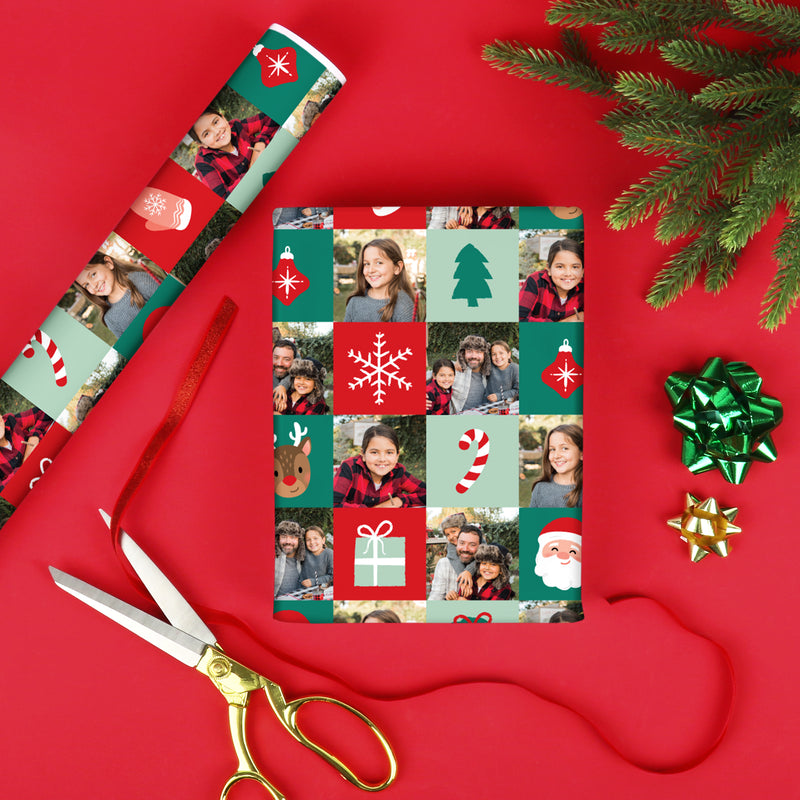 Custom Photo Wrapping Paper - Merry Christmas Checkers