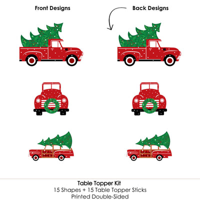 Merry Little Christmas Tree - Red Truck and Car Christmas Party Centerpiece Sticks - Table Toppers - Set of 15