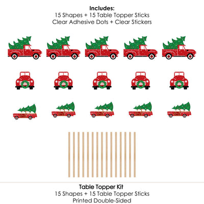 Merry Little Christmas Tree - Red Truck and Car Christmas Party Centerpiece Sticks - Table Toppers - Set of 15