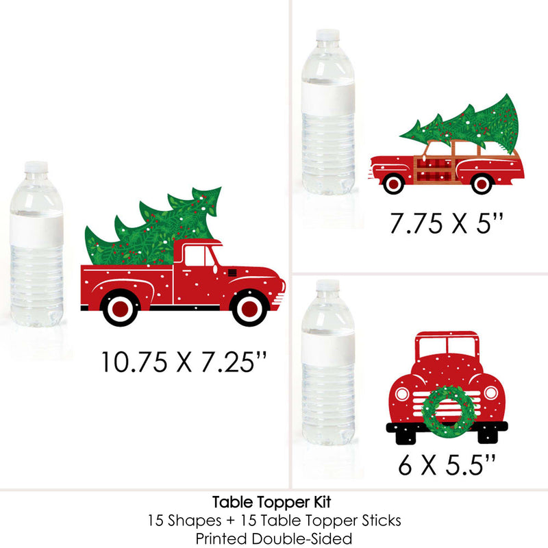 Merry Little Christmas Tree - Red Truck and Car Christmas Party Centerpiece Sticks - Table Toppers - Set of 15