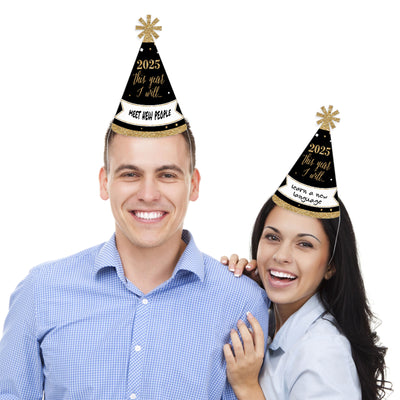 New Year's Eve - Gold - 2025 New Year's Eve Resolution Cone Party Hats for Adults - Set of 8 (Standard Size)