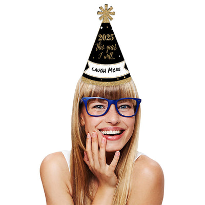 New Year's Eve - Gold - 2025 New Year's Eve Resolution Cone Party Hats for Adults - Set of 8 (Standard Size)