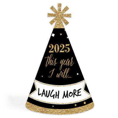 New Year's Eve - Gold - 2025 New Year's Eve Resolution Cone Party Hats for Adults - Set of 8 (Standard Size)