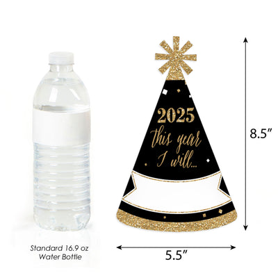 New Year's Eve - Gold - 2025 New Year's Eve Resolution Cone Party Hats for Adults - Set of 8 (Standard Size)