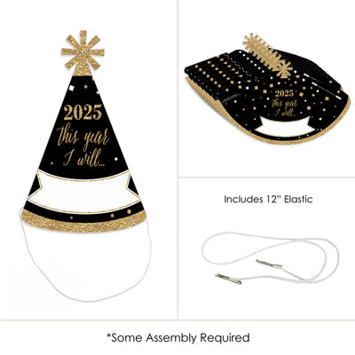 New Year's Eve - Gold - 2025 New Year's Eve Resolution Cone Party Hats for Adults - Set of 8 (Standard Size)