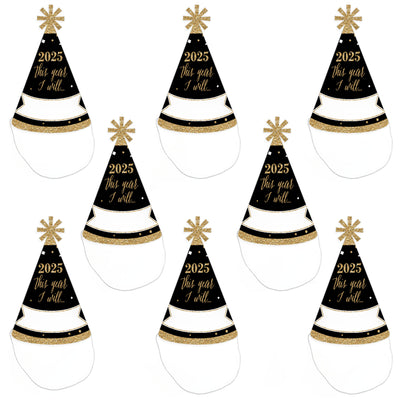 New Year's Eve - Gold - 2025 New Year's Eve Resolution Cone Party Hats for Adults - Set of 8 (Standard Size)