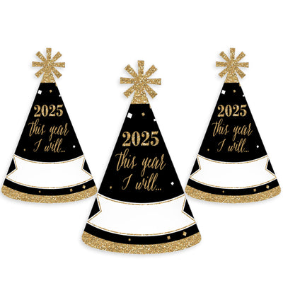 New Year's Eve - Gold - 2025 New Year's Eve Resolution Cone Party Hats for Adults - Set of 8 (Standard Size)