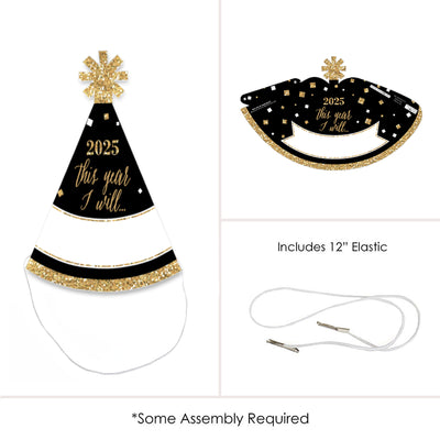 New Year's Eve - Gold - Mini Cone 2025 New Year's Eve Resolution Party Hats - Small Little Party Hats - Set of 8