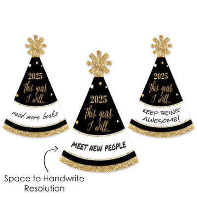 New Year's Eve - Gold - Mini Cone 2025 New Year's Eve Resolution Party Hats - Small Little Party Hats - Set of 8