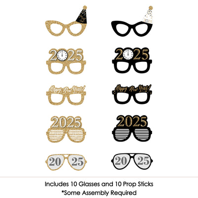 New Year's Eve - Gold Glasses - Paper Card Stock 2025 New Year’s Eve Party Photo Booth Props Kit - 10 Count