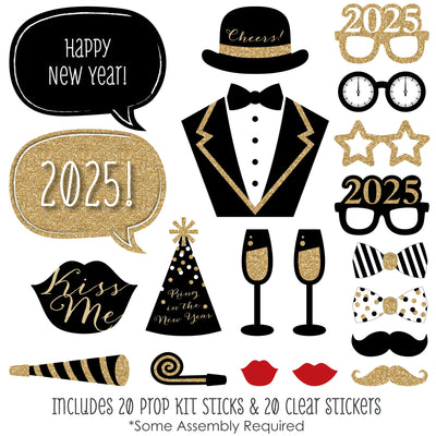 New Year's Eve - Gold - 2025 New Year's Eve Party Photo Booth Props Kit - 20 Count