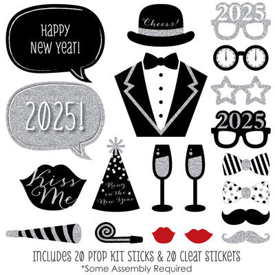 New Year's Eve - Silver - 2025 New Year's Eve Party Photo Booth Props Kit - 20 Count