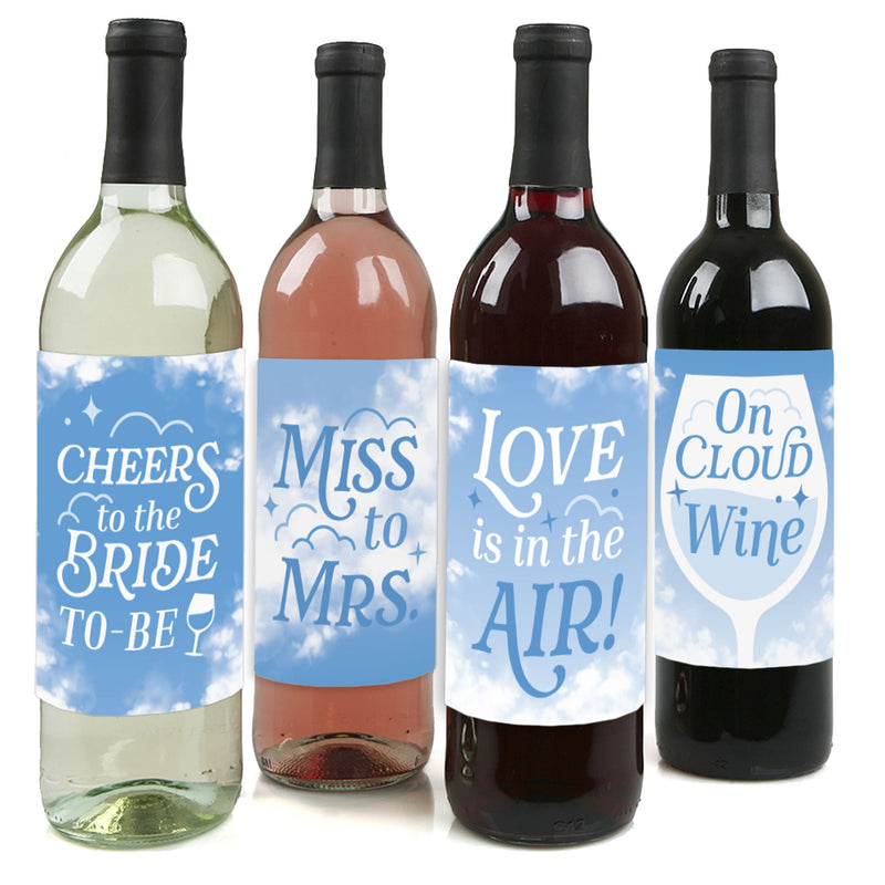 On Cloud 9 - Bridal or Bachelorette Party Decorations for Women and Men - Wine Bottle Label Stickers - Set of 4