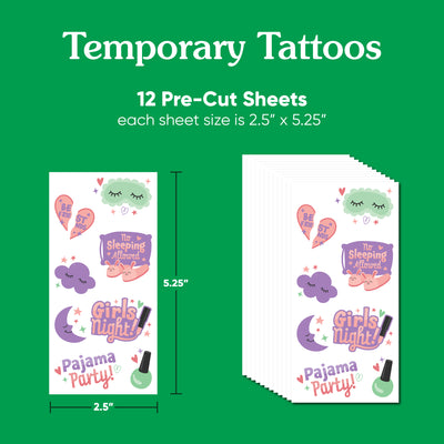 Pajama Slumber Party Temporary Tattoos for Kids, Spa Day Birthday Party Favors, Girls Night Party Decorations, Sleepover Accessory, PJ Party Supplies, 12 Sheets