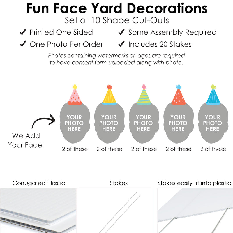 Custom Photo Party Time - Fun Face Lawn Decorations - Happy Birthday Party Outdoor Yard Signs - 10 Piece