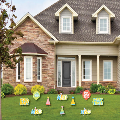 Party Time - Hats and Balloons Lawn Decorations - Outdoor Happy Birthday Party Yard Decorations - 10 Piece