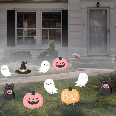 Pastel Halloween - Ghost, Pumpkin, Cat and Hat Lawn Decorations - Outdoor Pink Pumpkin Party Yard Decorations - 10 Piece