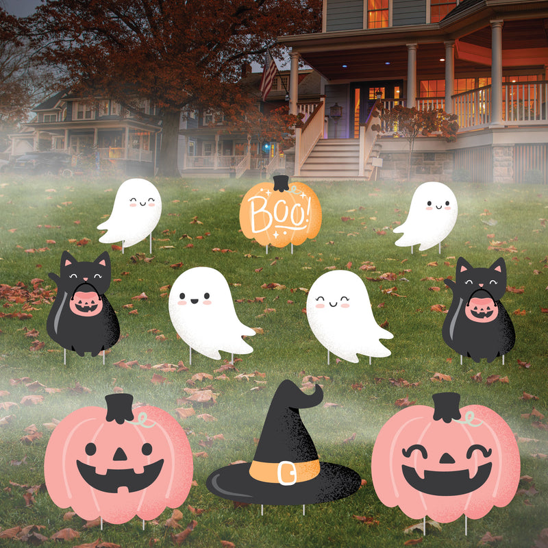 Pastel Halloween - Ghost, Pumpkin, Cat and Hat Lawn Decorations - Outdoor Pink Pumpkin Party Yard Decorations - 10 Piece