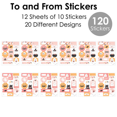 Pastel Halloween - Assorted Pink Pumpkin Birthday Party Gift Tag Labels - To and From Treat Stickers - 12 Sheets - 120 Stickers