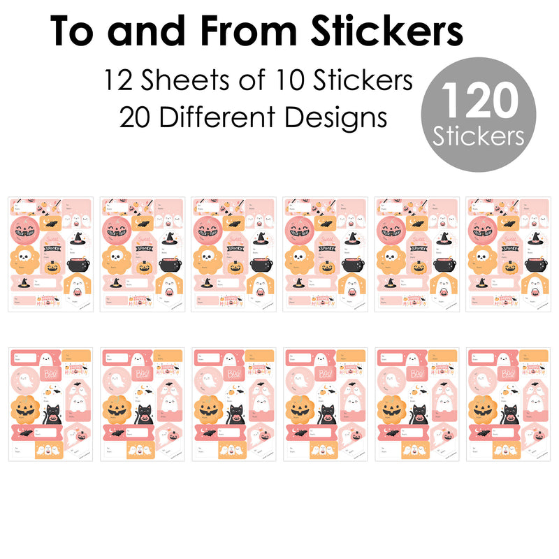 Pastel Halloween - Assorted Pink Pumpkin Birthday Party Gift Tag Labels - To and From Treat Stickers - 12 Sheets - 120 Stickers