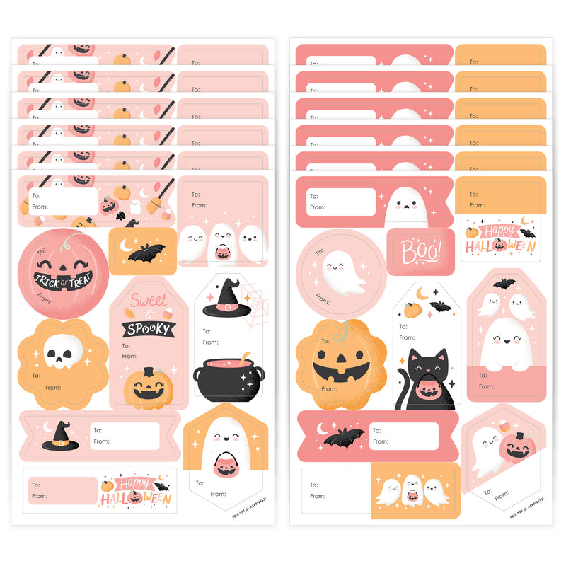 Pastel Halloween - Assorted Pink Pumpkin Birthday Party Gift Tag Labels - To and From Treat Stickers - 12 Sheets - 120 Stickers