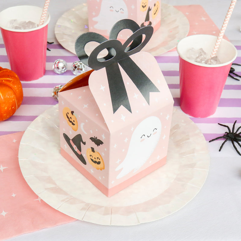 Pastel Halloween - Square Favor Gift Boxes - Pink Pumpkin Party Bow Boxes - Set of 12