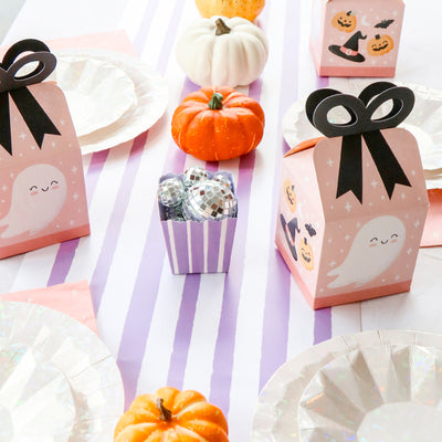 Pastel Halloween - Square Favor Gift Boxes - Pink Pumpkin Party Bow Boxes - Set of 12