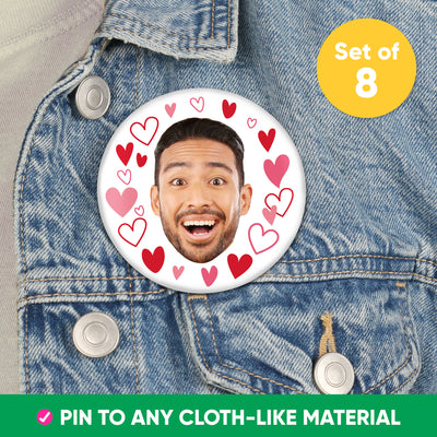 Custom Fun Face Hearts Pinback Buttons - 8 Ct