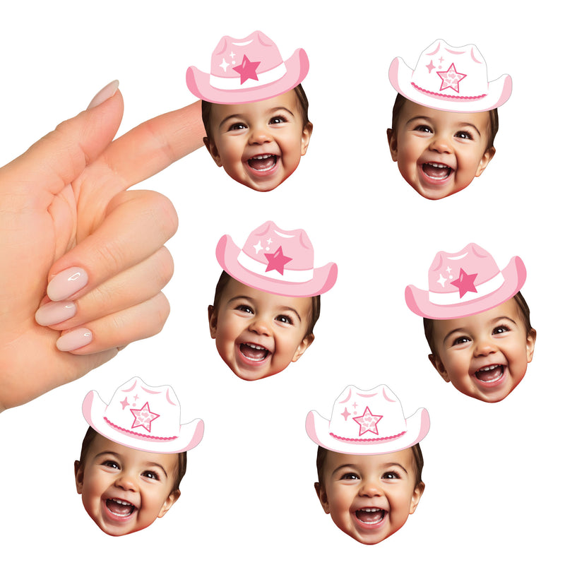 Custom Photo Pink First Rodeo - Cowgirl 1st Birthday Party Favors - Fun Face Cut-Out Stickers - Set of 24