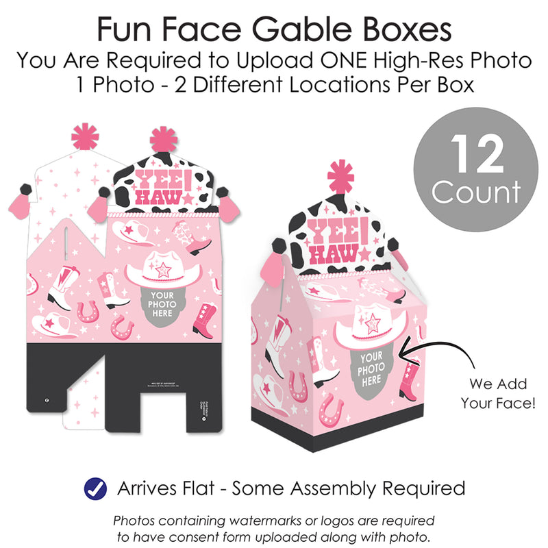 Custom Photo Pink First Rodeo - Pink Western Treat Box Party Favors - Fun Face Goodie Gable Boxes - Set of 12