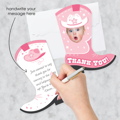 Custom Photo Pink First Rodeo - Cowgirl 1st Birthday Party Fun Face Shaped Thank You Cards with Envelopes - Set of 12