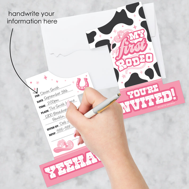 Pink First Rodeo - Shaped Fill-In Invitations - Cowgirl 1st Birthday Party Invitation Cards with Envelopes - Set of 12