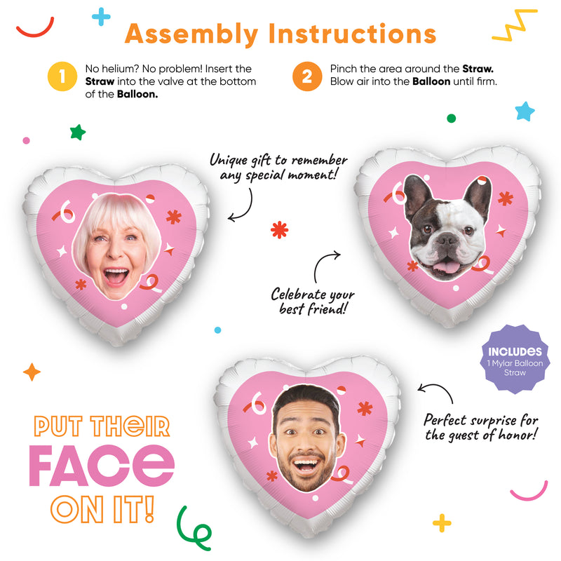 Personalized Fun Face Photo Pink Heart Balloons, Personalized Birthday Balloons, Girl Baby Shower Decorations, Bachelorette Party Decor, Bridal Shower, Custom Heart Double-Sided Mylar Balloon, 1 Piece