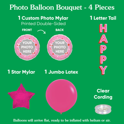 Personalized Photo Pink - Happy Balloon Bouquet, Birthday Bundle, Bachelorette Party Decorations, Girl Baby Shower, Custom Double-Sided Mylar, Latex and Foil Balloon Kit, 4 Pieces