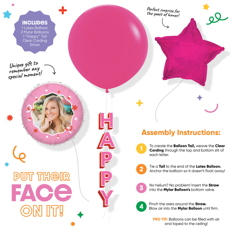 Personalized Photo Pink - Happy Balloon Bouquet, Birthday Bundle, Bachelorette Party Decorations, Girl Baby Shower, Custom Double-Sided Mylar, Latex and Foil Balloon Kit, 4 Pieces