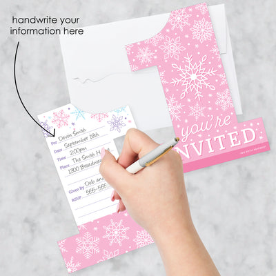 Pink Snowflakes 1st Birthday - Shaped Fill-In Invitations - Girl Winter ONEderland Party Invitation Cards with Envelopes - Set of 12