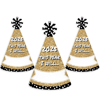 Pop, Fizz, Clink! - Cone Party Hats - 2025 New Year's Eve Resolution Cone Party Hat for Kids and Adults - Set of 8 (Standard Size)