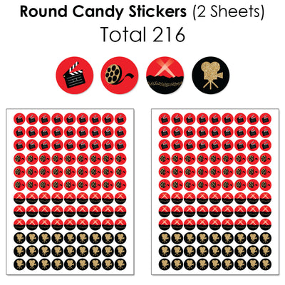 Red Carpet Hollywood - Mini Candy Bar Wrappers, Round Candy Stickers and Circle Stickers - Movie Night Party Candy Favor Sticker Kit - 304 Pieces