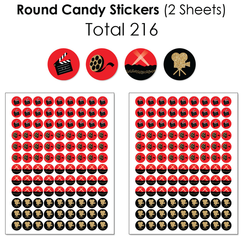 Red Carpet Hollywood - Mini Candy Bar Wrappers, Round Candy Stickers and Circle Stickers - Movie Night Party Candy Favor Sticker Kit - 304 Pieces